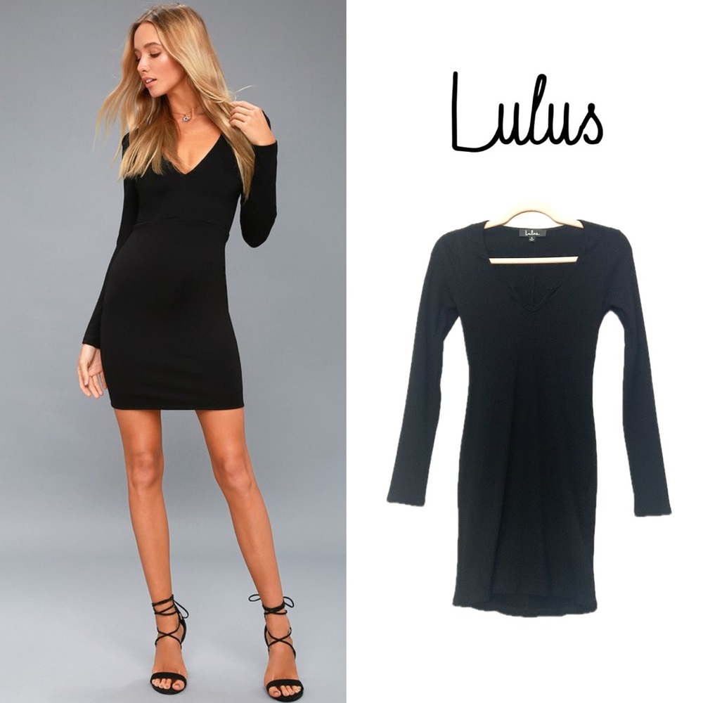 Lulu's Black Long Sleeve Ribbed Body-Con Dress • NWOT • 15"P2P, 31" length